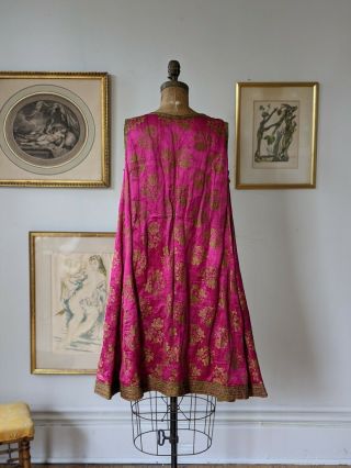 Antique 18th C.  Silk Textile Vestment Dress Pink Silk Metal Thread Embroidered