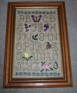 Vintage Framed Needlepoint,  Cross Stitch Variant Alphabet,  Flowers,  Butterfies