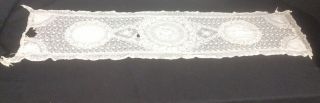 Antique French Tambour Net Lace Table Runner Vintage White Satin Embroidered