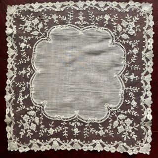 Large Brussels Bobbin Lace Applique Handkerchief Trailing Floral Design