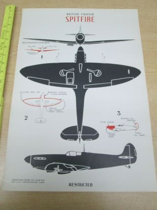 Vtg 9/42 Wwii Recognition Id Aircraft Poster British Fighter Spitfire 14 " X 20 "