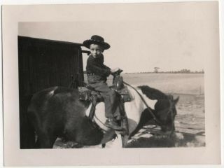 Little Boy Cowboy Rides Horse Saddle Tack Small Vintage Photo Farm Rural Life