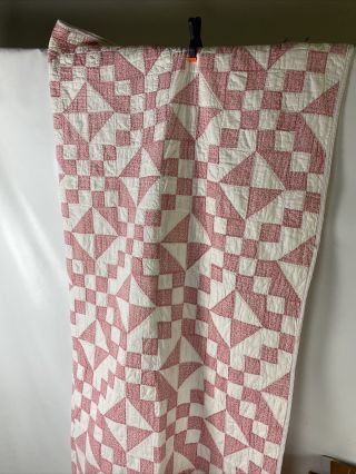 Antique Hand Stitched Pink & White Checkerboard Block/triangle Quilt 60x80”
