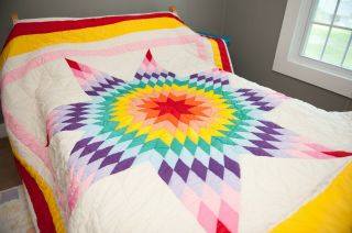 Amish Quilt Lone Star Pattern King Size Quilt Bright Colors