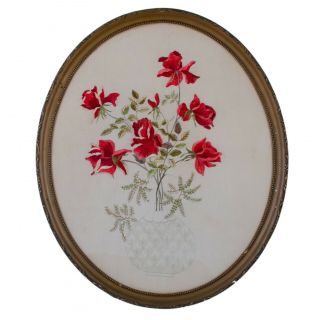 Victorian Silk Embroidery,  Red Roses In Vase