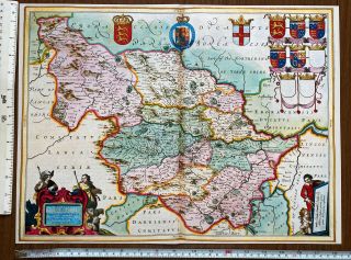 Old Antique Rare Tudor Blaeu Map West,  South Yorkshire,  England 1600 