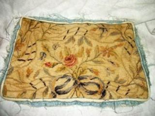 19th C.  French Aubusson Needlepoint Floral Bow Pillow Top Silk Remnants Antique