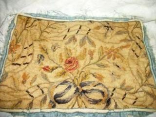 19th C.  FRENCH AUBUSSON NEEDLEPOINT FLORAL BOW PILLOW TOP SILK REMNANTS ANTIQUE 2