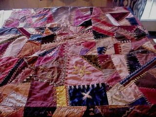 Antique All Hand Done Crazy Quilt Top,  Embroidered - - Maine Estate Find