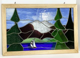 Vintage Stained Glass Window Hanging Panel - Mountain Lake W/ Boat - 16”x 24”