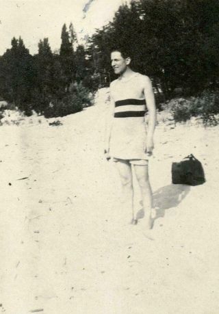 X575 Vtg Photo Man In Swim Suit On Beach Sand C Early 1900 