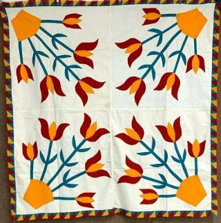 Red Cheddar Pa C 1900 Potted Tulips Quilt Top Antique Cheddar Red Green