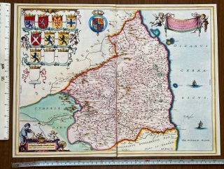Old Antique Vintage Tudor Blaeu Map Of Northumberland,  England 1600 