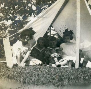 Mr385 Vtg Photo Children In A Tent,  Camping,  Playtime C 1911