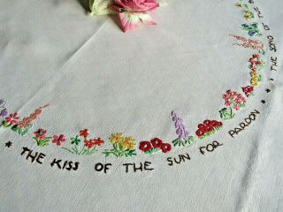 Vintage Hand Embroidered Tablecloth - Circle Of Flowers,  Words & Robins