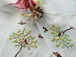 VINTAGE HAND EMBROIDERED TABLECLOTH - CIRCLE OF FLOWERS,  WORDS & ROBINS 2