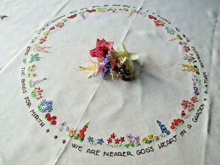 VINTAGE HAND EMBROIDERED TABLECLOTH - CIRCLE OF FLOWERS,  WORDS & ROBINS 3