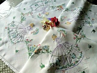 Vintage Hand Embroidered Tablecloth/beautiful Crinoline Ladies Raised Embroidery