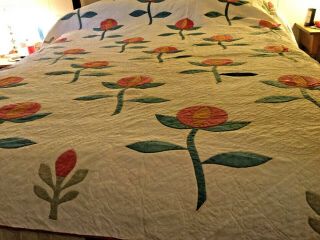Antique Floral Applique Quilt,  Folky Design,  Old Red And Greens 86 X 84
