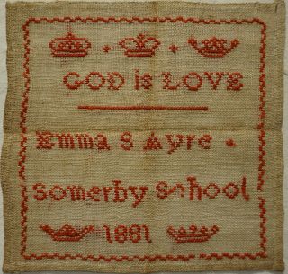 Small Late 19th Century Red Stitch Work School Sampler By Emma S Ayre - 1881