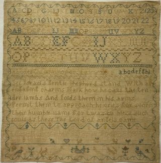 Early/mid 19th Century Verse,  Alphabet & Motif Sampler By Lucy Hopkins - 1837