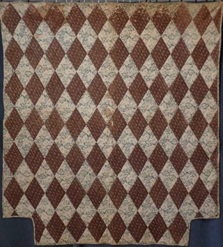 Early 1800s Antique Brown,  Prussian Blue Diamond Quilt Poster Bed