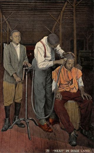 Vintage Postcard Black African American Hand Crank Clippers Barber Cutting Hair