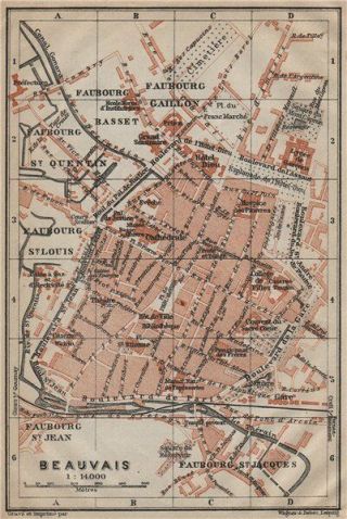 Beauvais Antique Town City Plan De La Ville.  Oise Carte.  Baedeker 1909 Old Map