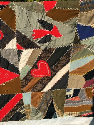 Antique Victorian Crazy Quilt Wool Heart Bird Horseshoe Feather Stitching