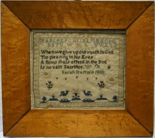 Small Early 19th Century Motif & Verse Sampler By Sarah Stafford - 1833