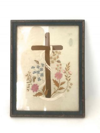 Antique Religious Crucifix Cross Embroidery Needlepoint Art