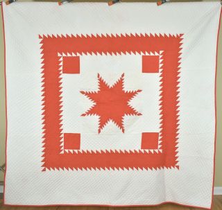 Large Vintage Red & White Feathered Stars Quilt Sawtooth Borders Signed & Dated