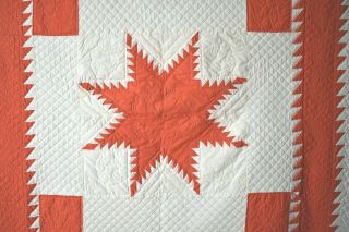 Large Vintage Red & White Feathered Stars Quilt Sawtooth Borders Signed & Dated 2