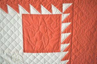 Large Vintage Red & White Feathered Stars Quilt Sawtooth Borders Signed & Dated 4