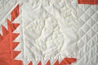 Large Vintage Red & White Feathered Stars Quilt Sawtooth Borders Signed & Dated 5