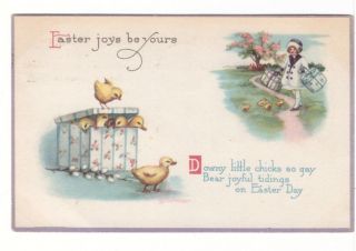 Easter Joys Be Yours,  Chicks,  Girl With Presents,  Vintage 1918 Postcard