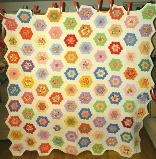 Vintage Grandmothers Flower Garden Patchwork Quilt All Handmade 83 X 86 " Wow