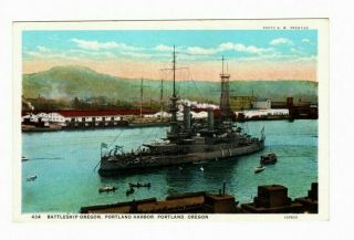 Portland,  Or Battleship Oregon In Harbor Vintage Postcard