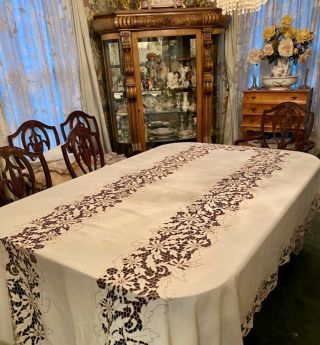 Fabulous Antique Madeira Cutwork And Embroidered Banquet Tablecloth And Napkins