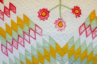 Antique Vintage Quilt Multi Color White Pink Yellow Green Flower Approx 80x74