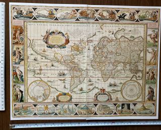 Antique Vintage Historic Old Picture Map: World: Blaeu: 1600s Reprint: Vignettes