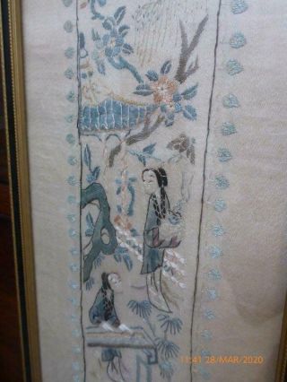 Antique Chinese Embroidered Silk Sleeve Panel Framed Qing Dynasty 1800 