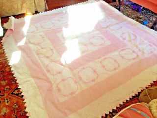 Wonderful Antique Quilt Done In The Pinks And White.  Embroidered Small Flow