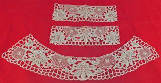 Victorian Antique Off White Cream Lace Collar & Cuffs Set Dress Trim Vtg