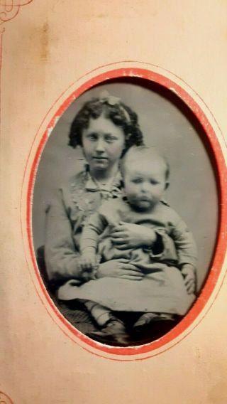Tintype Of Two Siblings Lovely Young Girl And Baby Bow Necklace