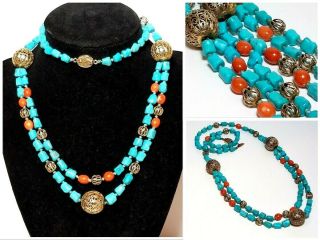 Vintage Chinese Turquoise Bead Necklace Multi Strand Coral Silver Filigree Atq