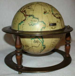 Vintage Mcm Old World Globe Map Table Top Hinged Jewelry Box Wood Brass Trinket