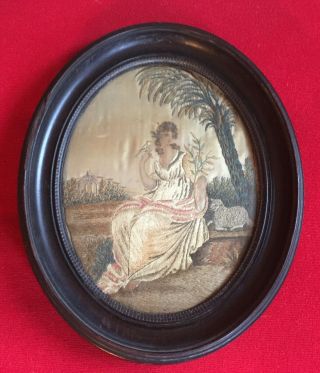 Antique Early 19th C.  Oval Silk Needlework Picture With Lamb Sheep & Dove Peace