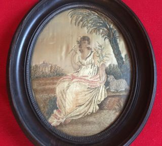 Antique Early 19th c.  Oval Silk Needlework Picture with Lamb Sheep & Dove Peace 2