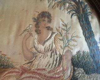Antique Early 19th c.  Oval Silk Needlework Picture with Lamb Sheep & Dove Peace 3
